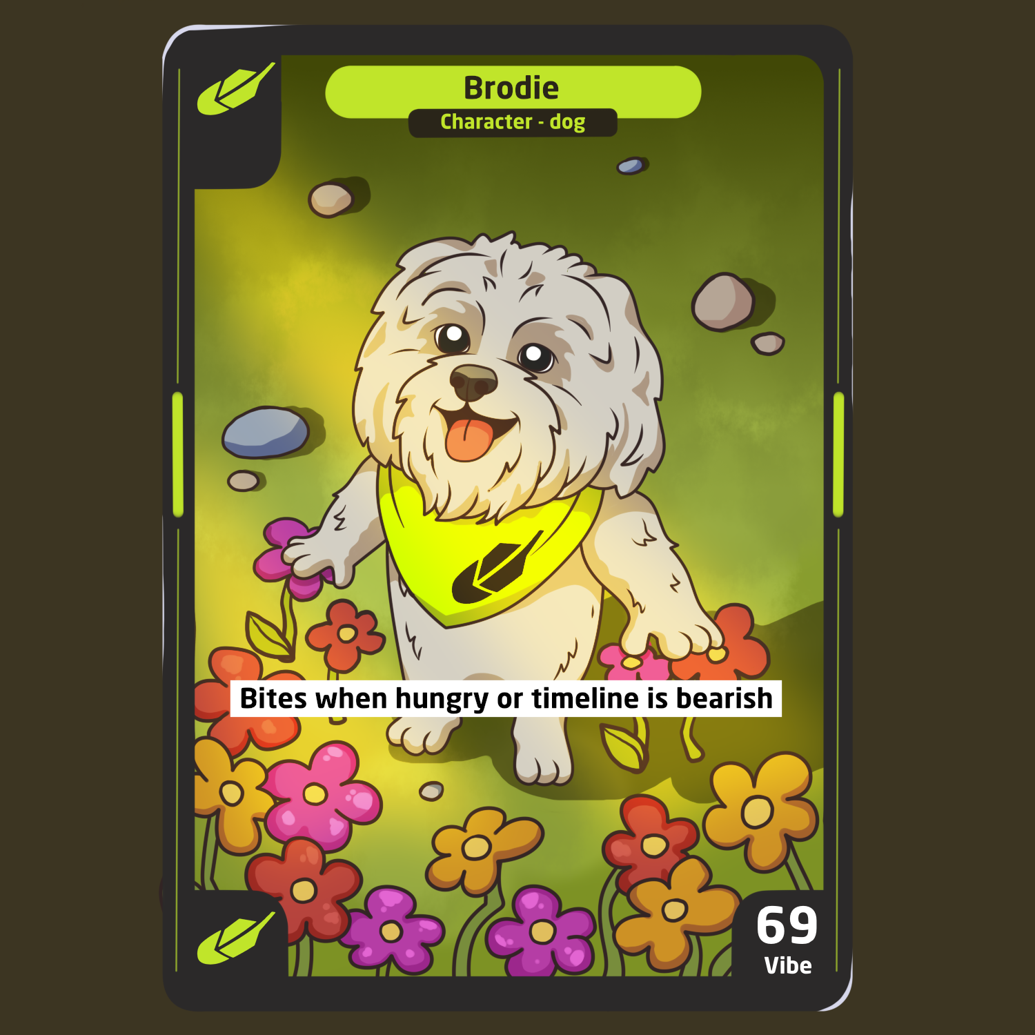 Brodie collectible trading card — Character: dog, Vibe rating 69